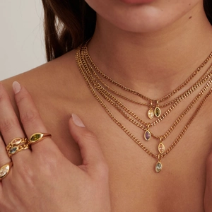 Marquise Zircon Stainless Steel Necklace Gold Plated Curb Chain Colorful Gemstone Minimalist Jewelry For Women