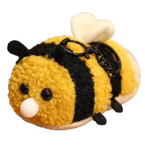 Cute fluffy bumblebee plush keychain with yellow stripes and black metal key ring hook