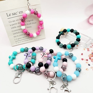 Cross silicone leopard beaded keychain wristlet with Jesus charm and metal clasp
