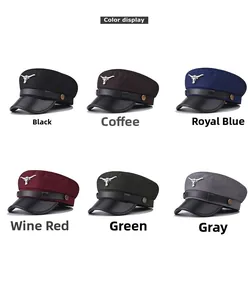 Flat top military cap in multiple colors including black navy blue and wine red