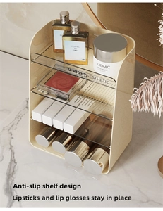 Detailed view of the multi-tier makeup organizer with non-slip grooved shelves
