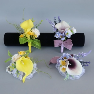 Handmade PU Calla Lily Wedding Boutonniere Wrist Corsage For Groom Bridesmaid European Style Elegant Party Decor