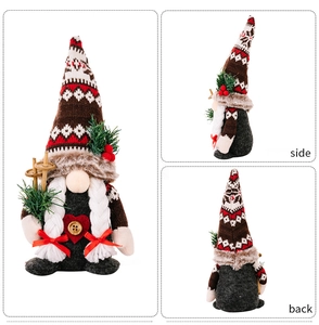 Detailed views of a Christmas gnome doll with a knitted hat, ski props, and pine needles