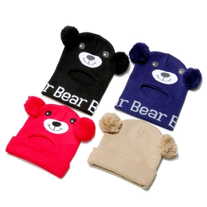 Kids bear knit hat with pom-poms in four colors for winter outdoor windproof warmth