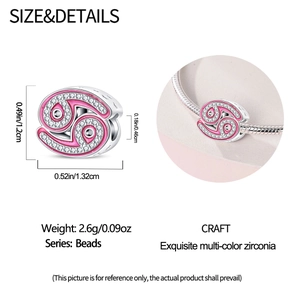 Detailed size chart of Cancer zodiac bead with pink zirconia on silver-plated base