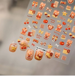 Detailed relief texture of honey caramel bear and heart nail art stickers for autumn winter