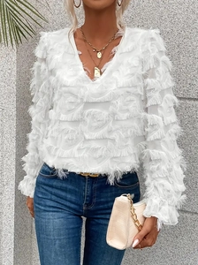 Elegant white V-neck blouse with feather fringe details and long sleeves for women