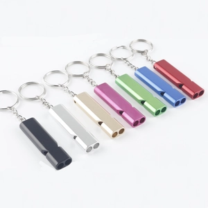 Flat dual-tube aluminum survival whistles in seven metallic colors with keychains