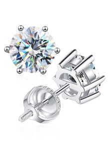 Macro shot of 925 silver moissanite stud earrings with secure screw back and 6-prong setting