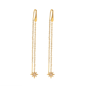 Dettaglio orecchini a frangia in acciaio oro 18K con ciondoli a stella in zircone