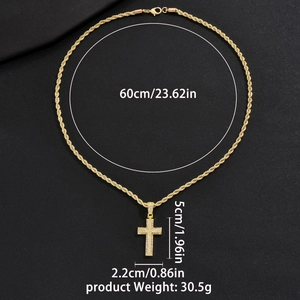 Collier hip-hop pour homme avec chaîne corde dorée, pendentif croix et diamants