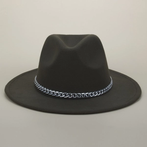 Classic dark wool fedora hat for women with a stylish silver metal chain band detail