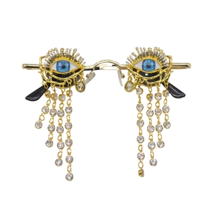 Blue evil eye tassel sunglasses with gold frames and crystal rhinestones decoration