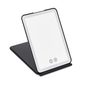 Close-up of portable LED makeup mirror with touch controls and foldable black frame