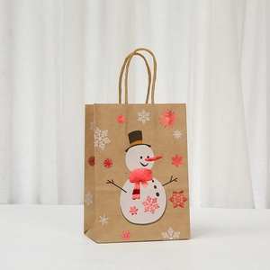 Christmas kraft paper gift bag with snowman design and red glitter snowflakes