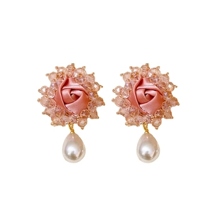 Pink rose fabric flower earrings with crystal accents and teardrop pearls for women