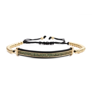 Bracelet ajustable en cordon noir avec zircons verts et perles en métal doré