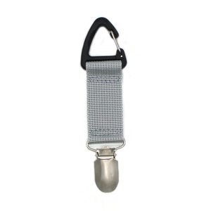 Detail of grey nylon hat clip with black carabiner and silver metal alligator clamp