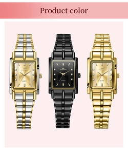 Trois couleurs de montres à quartz carrées en finitions dorée, noire et bicolore en métal