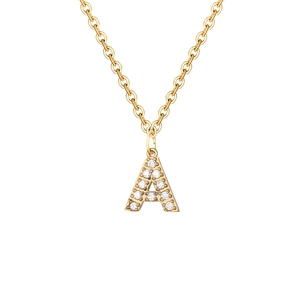 14K gold plated stainless steel necklace featuring a crystal paved letter A pendant