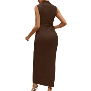Detail of elegant dark brown sleeveless maternity dress with backless design and ruched fabric