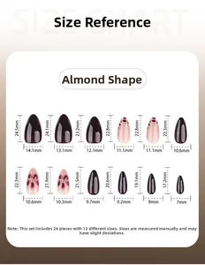 Size chart for 24-piece almond fake nails set with detailed length and width dimensions
