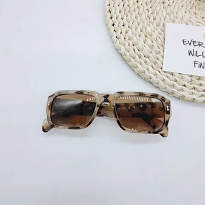 Detail einer rechteckigen Schildpatt-Sonnenbrille mit Metallnieten und getönten Gläsern