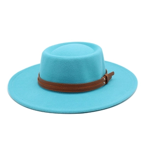 Detailed top-side view of a turquoise wool fedora hat with double brown leather straps
