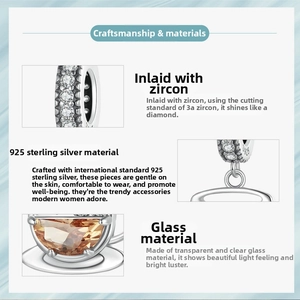 Detail of S925 sterling silver coffee cup charm with 3A zircon and glass texture