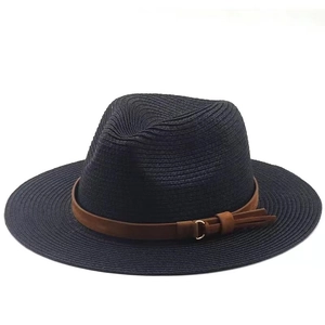 Classic black woven raffia fedora hat with brown leather band and gold buckle