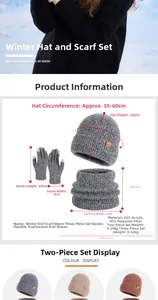 Detailed view of winter knitted set including hat, neck warmer and gloves with size dimensions