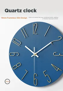 Detail of 18mm frameless navy blue quartz wall clock with golden 3D numbers