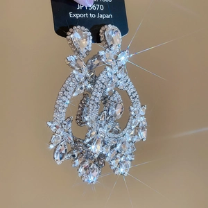 Detailed close-up of silver drop earrings with shimmering crystals and elegant oval design