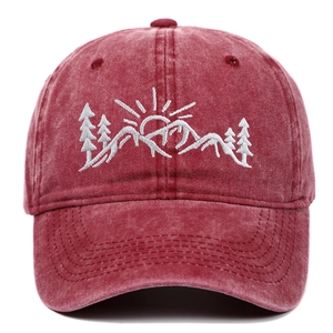 Distressed red washed cotton baseball cap with mountain and tree embroidery for outdoors