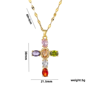 Gold cross necklace with colorful zircon stones and dimensions showing 38mm height