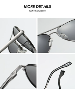 Detailed views of silver metal frame sunglasses with gray lenses and clear nose pads