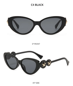 Front and side views of black cat-eye sunglasses with golden star metal accents on the temple