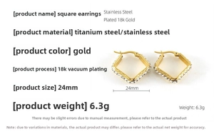 Detail of 24mm square titanium steel earrings with 18K gold plating and pavé zircon stones