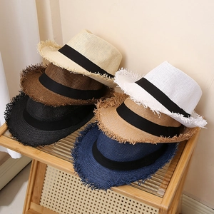 Straw Fedora Hat Paper Braided Raw Edge Black Ribbon Summer Beach Sunshade Breathable Outdoor Travel Unisex