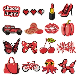 Red Embroidery Patches Iron On Embroidered Fabric Decorative Appliques For Clothing Bags Jackets Cherry Heart Lips Patterns