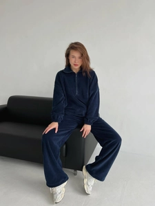 Survêtement en polaire bleu marine pour femme avec sweat à demi-zip et pantalon droit