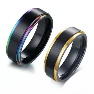 Minimalist bicolor titanium steel rings featuring black brushed finish and gold accents