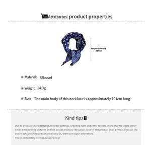 Detail specifications of 101cm navy blue floral silk scarf necklace weighing 14.3g