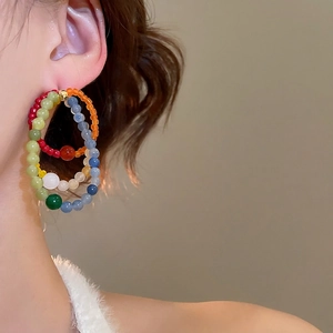 Colorful multi-layer beaded hoop earrings with natural stone beads for women