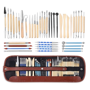 Professional 60-piece pottery clay sculpting tool set with brown faux leather roll bag