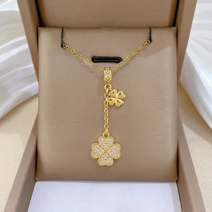 Tiered Four Leaf Clover Pendant Necklace Stainless Steel And Copper Cubic Zirconia Inlaid Elegant Lucky Jewelry For Women