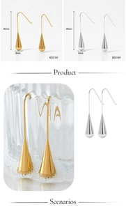 Detailed size view of teardrop earrings measuring 40mm length and 8mm width in gold and silver