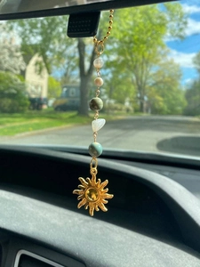 Golden sun charm car mirror pendant with natural raw stones in bohemian style