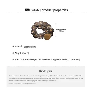 Detailed specs of vintage rivet waist chain with leather and 111.5cm length dimensions