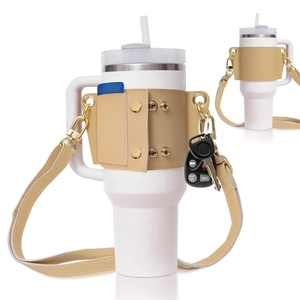 White tumbler with light brown leather sleeve featuring card slot and key holder
